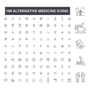 Alternatif Tıp düzenlenebilir satır simgeler, küme, koleksiyon 100 vektör. Alternatif Tıp siyah anahat illüstrasyonlar, işaretler, semboller