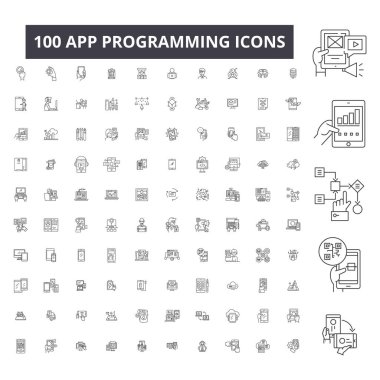 Düzenlenebilir programlama app satır simgeler, 100 vektör kümesi, toplama. App programlama siyah anahat illüstrasyonlar, işaretler, semboller