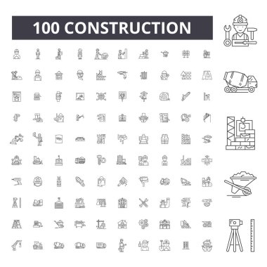 İnşaat düzenlenebilir satır simgeler, küme, koleksiyon 100 vektör. İnşaat siyah anahat illüstrasyonlar, işaretler, semboller