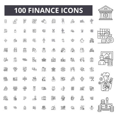 Finans düzenlenebilir satır simgeler, 100 vektör kümesi, toplama. Finans siyah anahat illüstrasyonlar, işaretler, semboller
