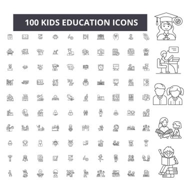 Çocuklar eğitim düzenlenebilir satır simgeler, 100 vektör kümesi, toplama. Çocuklar eğitim siyah anahat illüstrasyonlar, işaretler, semboller