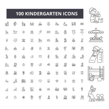 Anaokulu düzenlenebilir satır simgeler, küme, koleksiyon 100 vektör. Anaokulu siyah anahat illüstrasyonlar, işaretler, semboller