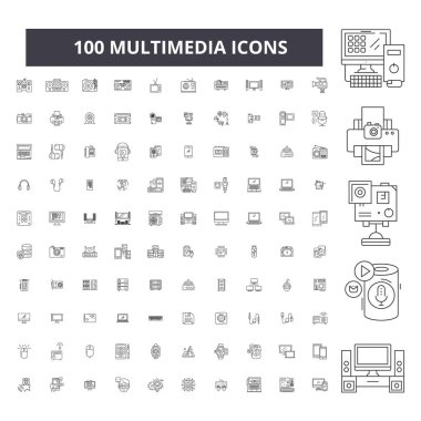 Multimedya düzenlenebilir satır simgeler, küme, koleksiyon 100 vektör. Multimedya siyah anahat illüstrasyonlar, işaretler, semboller