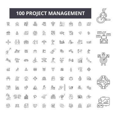 Proje Yönetimi düzenlenebilir satır simgeler, 100 vektör kümesi, toplama. Proje Yönetimi siyah anahat illüstrasyonlar, işaretler, semboller