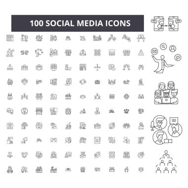 Sosyal medya düzenlenebilir satır simgeler, küme, koleksiyon 100 vektör. Sosyal medya siyah anahat illüstrasyonlar, işaretler, semboller