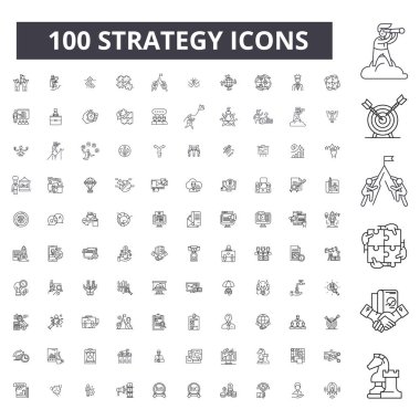 Strateji düzenlenebilir satır simgeler, küme, koleksiyon 100 vektör. Strateji siyah anahat illüstrasyonlar, işaretler, semboller
