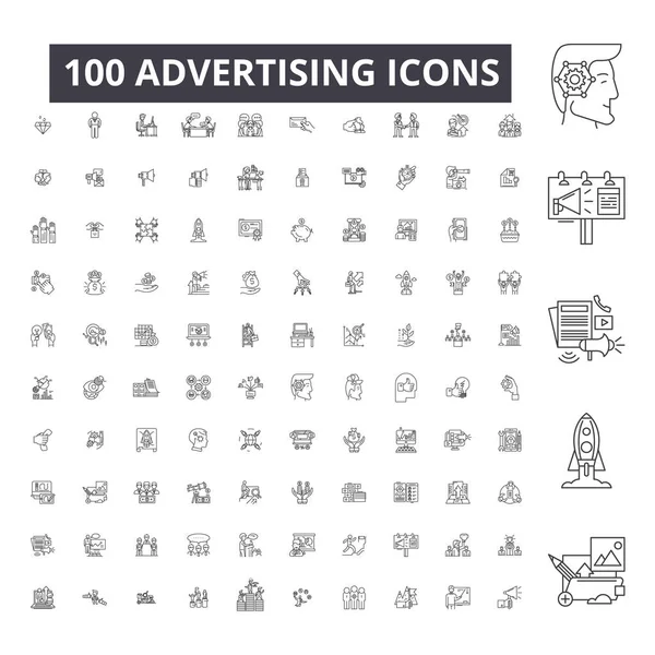 Iconos de línea editables publicitarios, 100 vectores establecidos sobre fondo blanco. Publicidad negro contorno ilustraciones, signos, símbolos — Archivo Imágenes Vectoriales