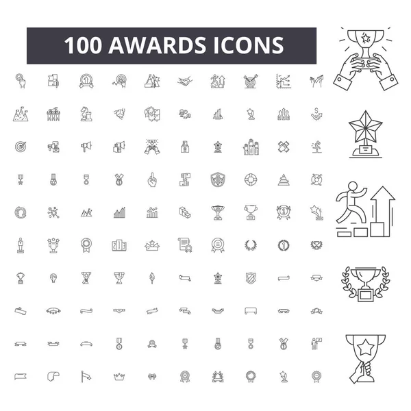 Prijzen bewerkbare lijn pictogrammen, 100 vector set, collectie. Awards zwarte omtrek illustraties, tekenen, symbolen — Stockvector