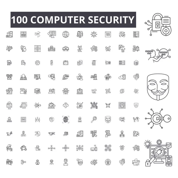 Bilgisayar güvenlik düzenlenebilir satır simgeler, küme, koleksiyon 100 vektör. Bilgisayar güvenlik siyah anahat resimleri, işaretler, semboller