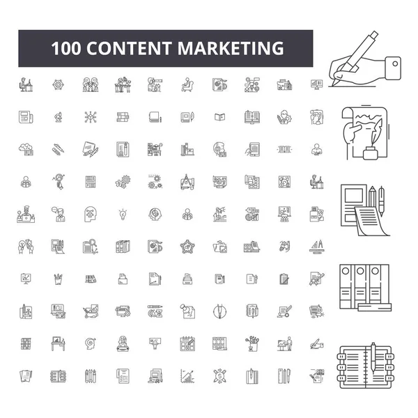 Content Marketing editierbare Zeilensymbole, 100 Vektorsets, Sammlung. Content Marketing schwarze Umrisse Illustrationen, Schilder, Symbole — Stockvektor