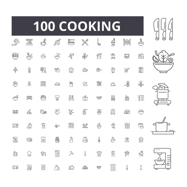 Cocinar iconos de línea editable, conjunto de 100 vectores, colección. Cocinar negro contorno ilustraciones, signos, símbolos — Archivo Imágenes Vectoriales