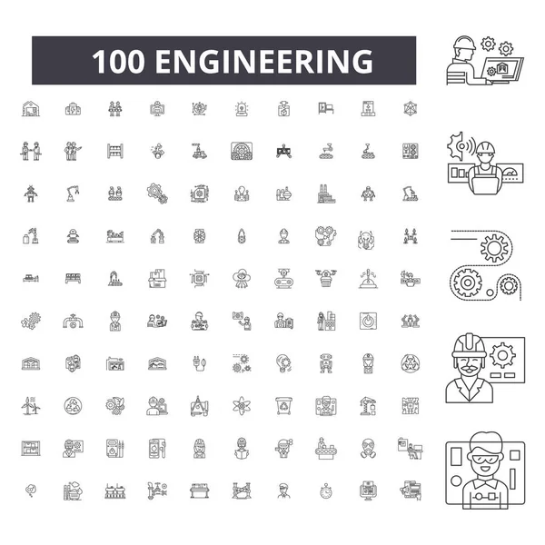 編集可能な線のアイコンを工学 100 ベクトル コレクション セットです。黒のアウトライン イラスト、サイン、シンボルをエンジニア リング — ストックベクタ