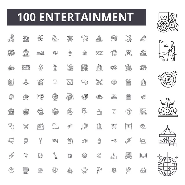 Iconos de línea editable entretenimiento, conjunto de 100 vectores, colección. Entretenimiento ilustraciones contorno negro, signos, símbolos — Archivo Imágenes Vectoriales