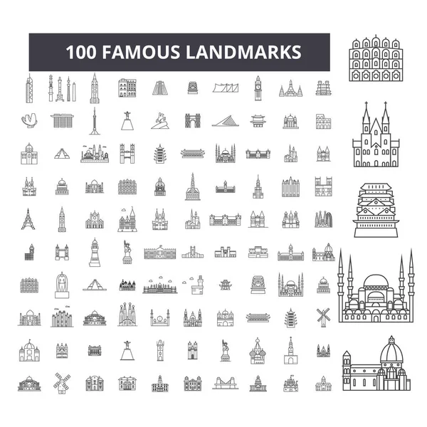 Iconos de línea editables de monumentos famosos, conjunto de 100 vectores, colección. Monumentos famosos contorno negro ilustraciones, signos, símbolos — Vector de stock