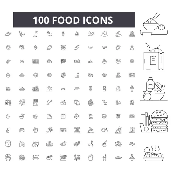 Iconos de línea editable de alimentos, conjunto de 100 vectores, colección. Comida negra esquema ilustraciones, signos, símbolos — Archivo Imágenes Vectoriales