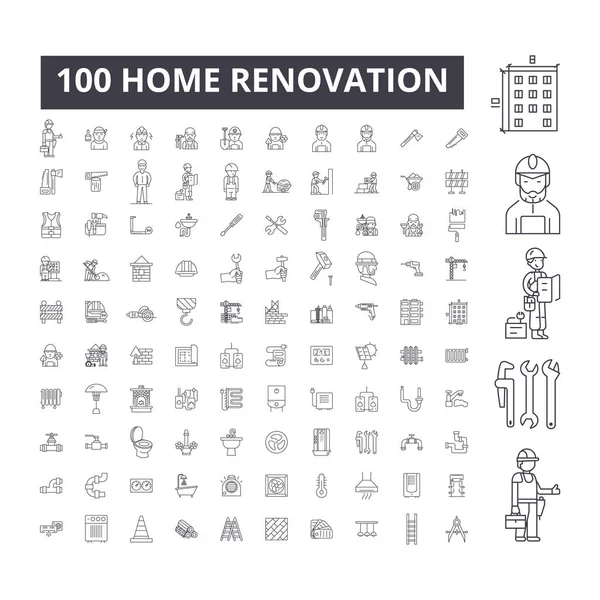 Ремонт дома иконки линии, 100 векторных комплектов, коллекция. Черные очертания, знаки, символы — стоковый вектор