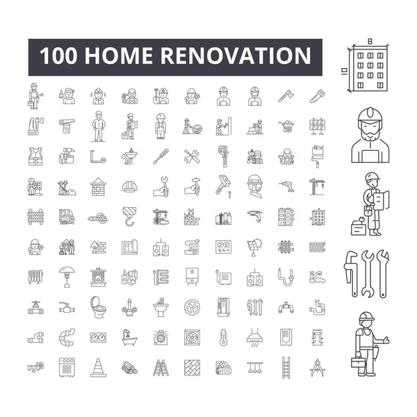 Inicio renovación editable iconos de línea, 100 vector conjunto, colección. Inicio renovación contorno negro ilustraciones, signos, símbolos — Archivo Imágenes Vectoriales