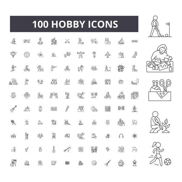 Hobby bewerkbare lijn pictogrammen, 100 vector set, collectie. Hobby zwarte omtrek illustraties, tekenen, symbolen — Stockvector