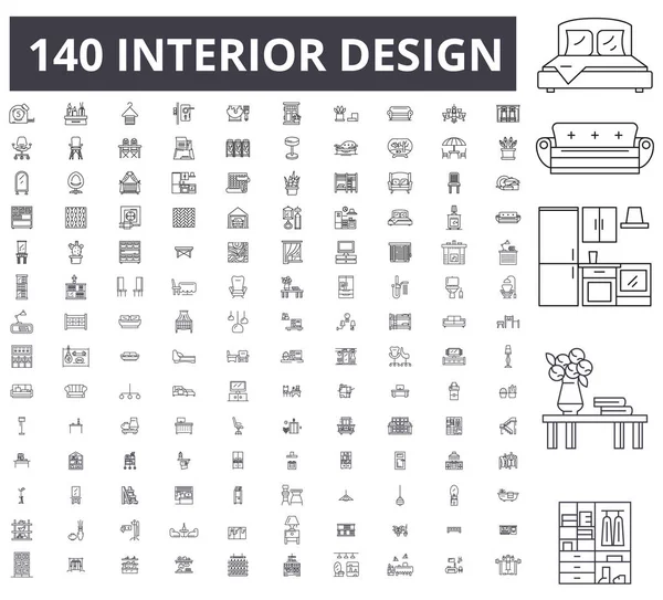 Interior design επεξεργάσιμο γραμμή εικονιδίων, 100 διάνυσμα σύνολο, συλλογή. Εσωτερική διακόσμηση μαύρο περίγραμμα εικονογραφήσεις, σημάδια, σύμβολα — Διανυσματικό Αρχείο