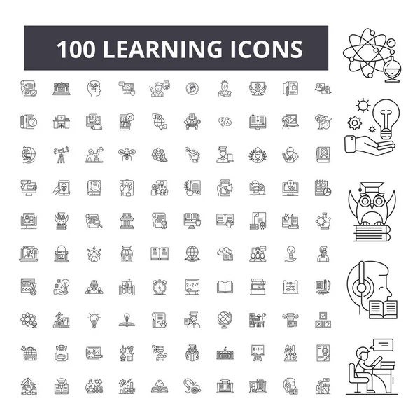 Erlernen editierbarer Zeilensymbole, 100 Vektorsets, Sammlung. Erlernen schwarzer Umrisse, Abbildungen, Zeichen, Symbole — Stockvektor