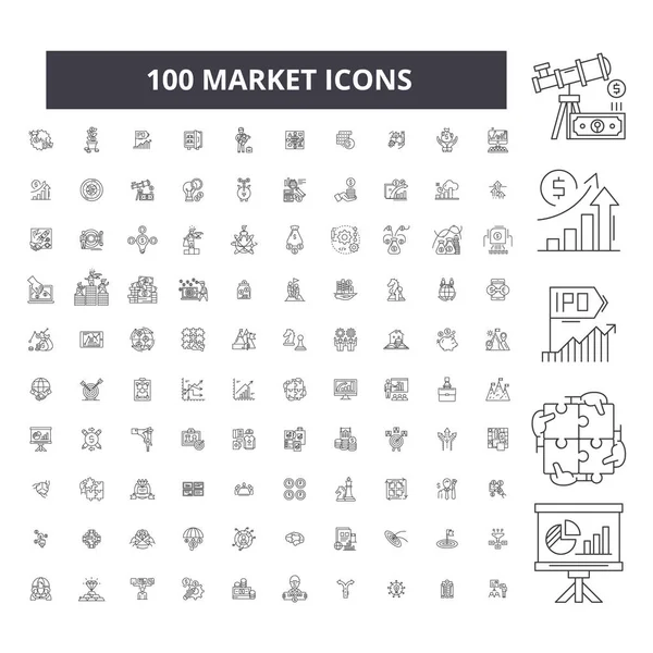 Iconos de línea editable del mercado, conjunto de 100 vectores, colección. Esquema negro del mercado ilustraciones, signos, símbolos — Vector de stock