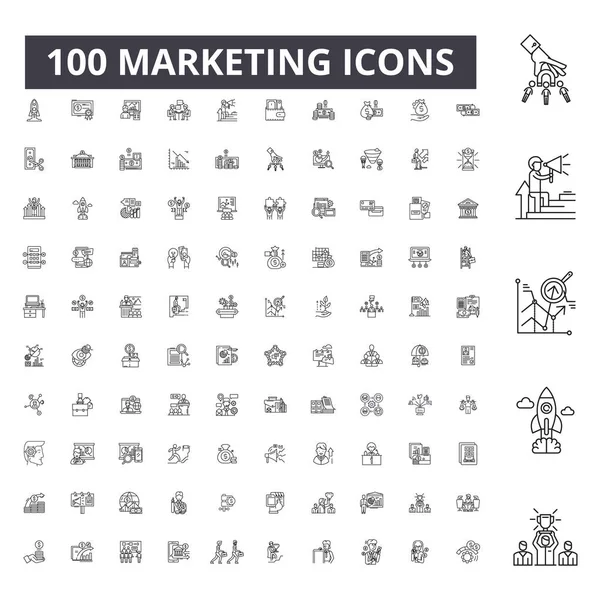 Iconos de línea editables de marketing, conjunto de 100 vectores, colección. Marketing negro esquema ilustraciones, signos, símbolos — Archivo Imágenes Vectoriales