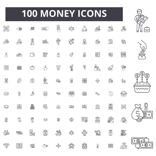 De pictogrammen van de bewerkbare lijn van geld, 100 vector set, collectie. Geld zwarte omtrek illustraties, tekenen, symbolen — Stockvector