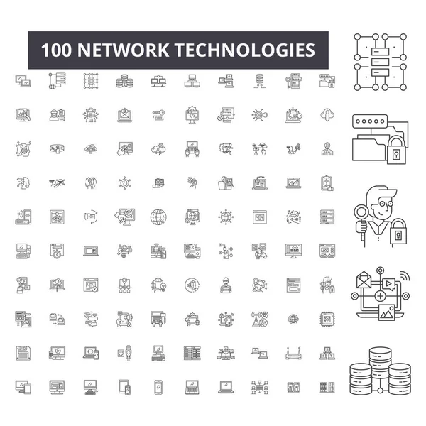 Nätverk teknik redigerbara linje ikoner, 100 vektor set, samling. Nätverk teknik svart kontur illustrationer, tecken, symboler — Stock vektor