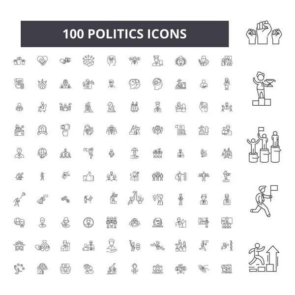 Ícones de linha editáveis de política, conjunto de 100 vetores, coleção. Política esboço preto ilustrações, sinais, símbolos — Vetor de Stock