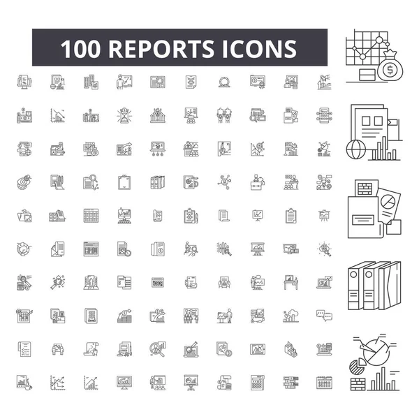 Informes editable line icons, 100 vector set, collection. Informes ilustraciones contorno negro, signos, símbolos — Vector de stock