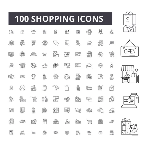 Iconos de línea editable de compras, conjunto de 100 vectores, colección. Compras negro esbozo ilustraciones, signos, símbolos — Vector de stock