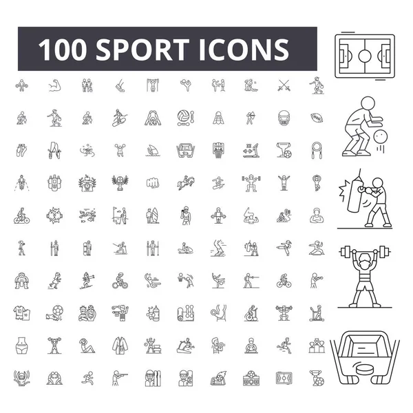 Спорт змінені піктограми рядка, 100 векторний набір, колекція. Спортивні чорні контури ілюстрації, знаки, символи — стоковий вектор
