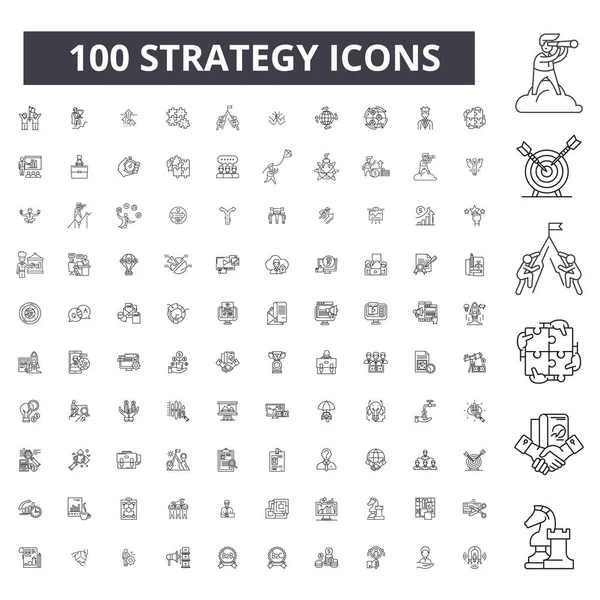 戦略編集ライン アイコン 100 ベクトル コレクション セットです。戦略黒いアウトライン イラスト、サイン、シンボル — ストックベクタ