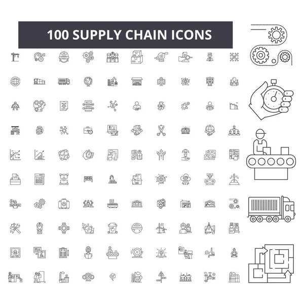 Leverera kedjan redigerbara linje ikoner, 100 vektor set, samling. Supply chain svart kontur illustrationer, tecken, symboler — Stock vektor