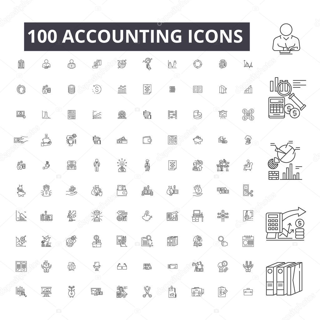 Accounting editable line icons, 100 vector set on white background. Accounting black outline illustrations, signs, symbols