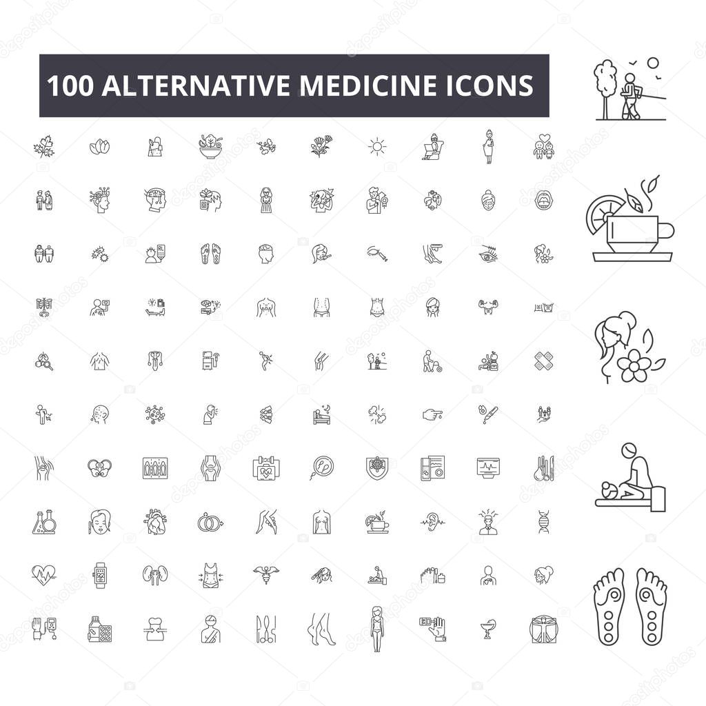 Alternative medicine editable line icons, 100 vector set, collection. Alternative medicine black outline illustrations, signs, symbols