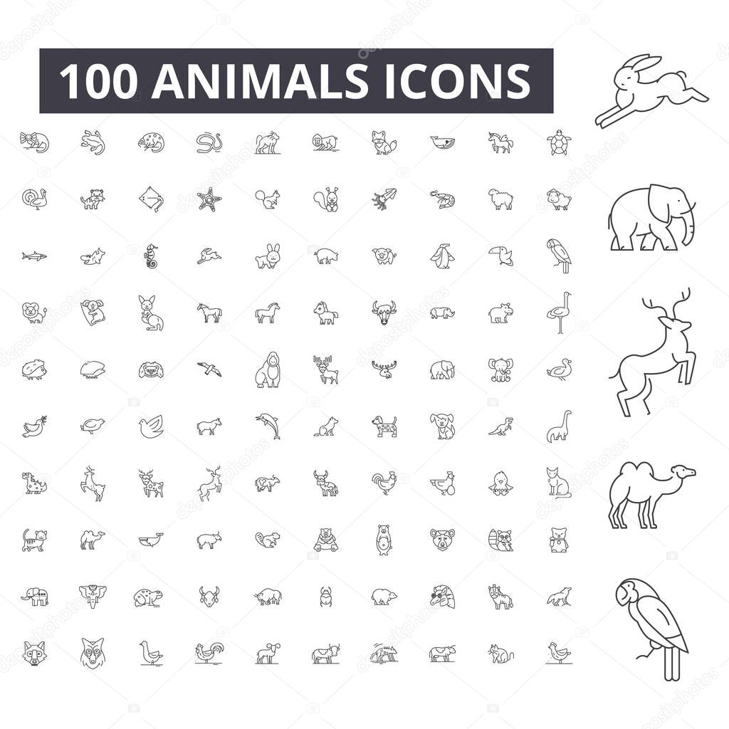 Animals editable line icons, 100 vector set, collection. Animals black outline illustrations, signs, symbols