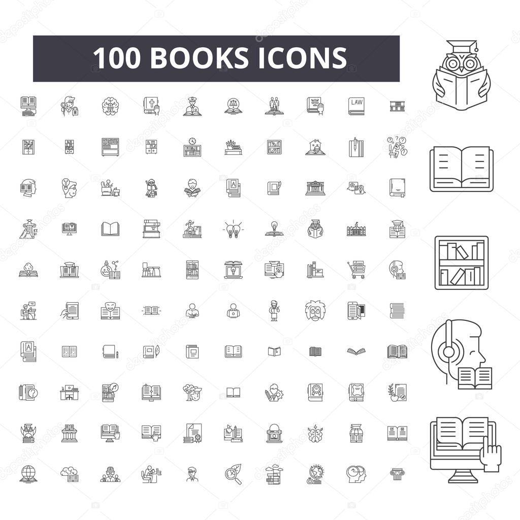 Books editable line icons, 100 vector set, collection. Books black outline illustrations, signs, symbols