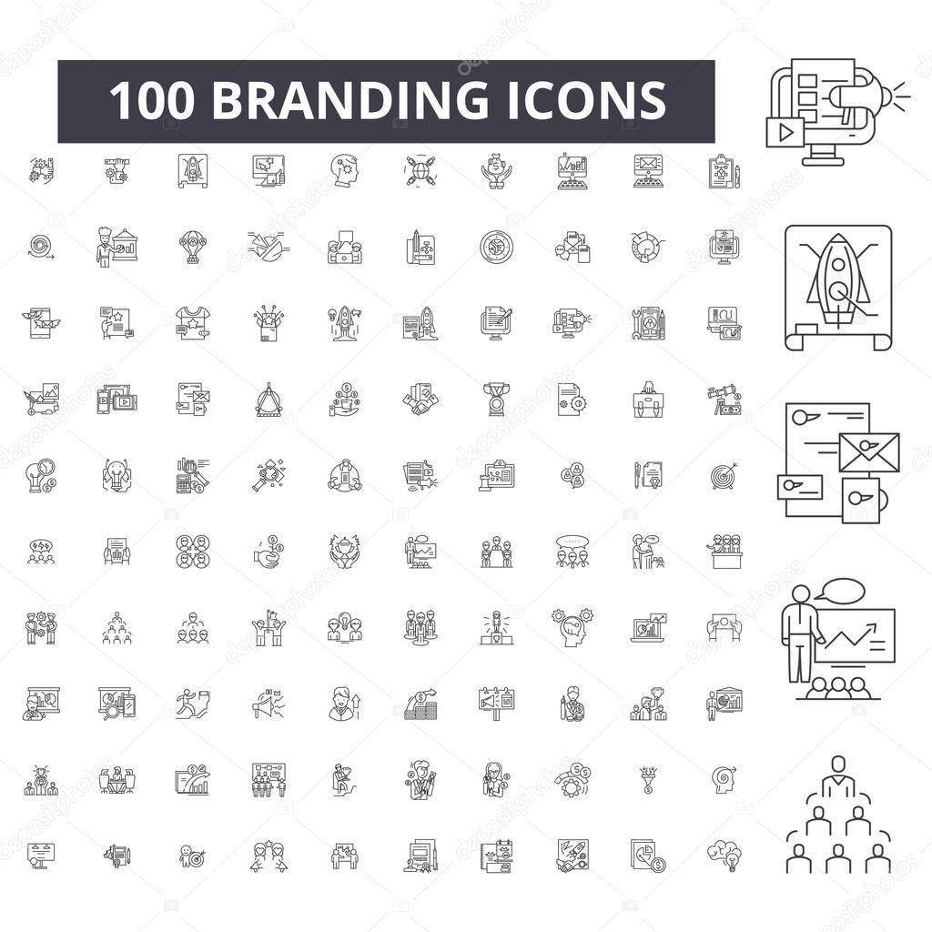 Branding editable line icons, 100 vector set on white background. Branding black outline illustrations, signs, symbols
