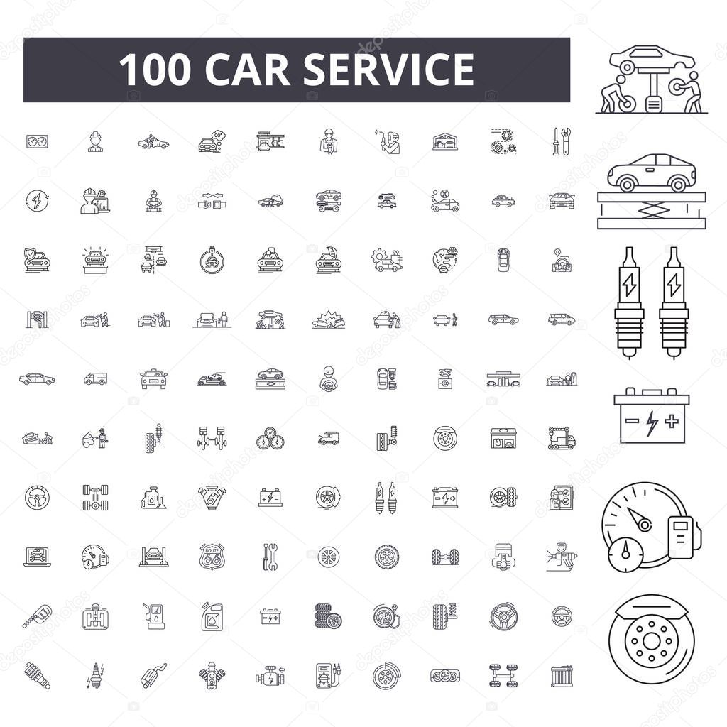 Car service editable line icons, 100 vector set, collection. Car service black outline illustrations, signs, symbols