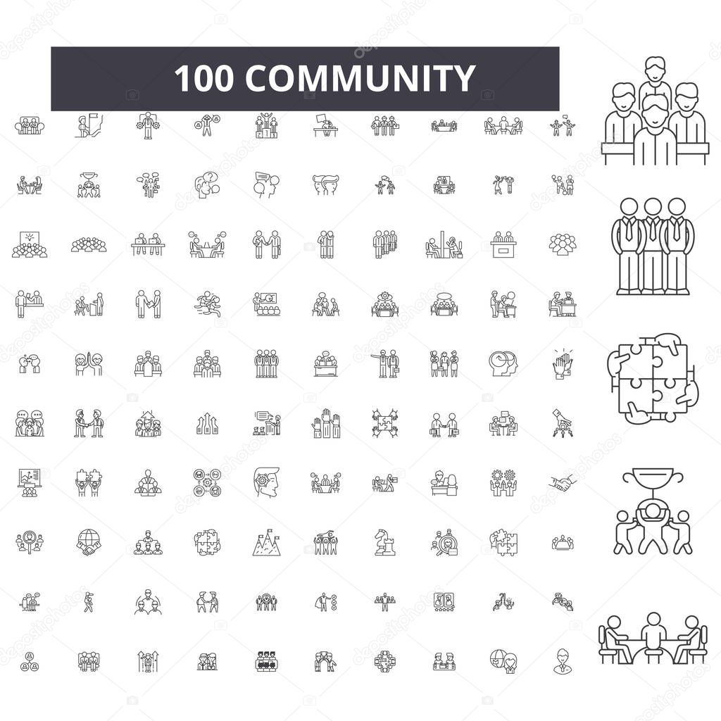 Community editable line icons, 100 vector set, collection. Community black outline illustrations, signs, symbols