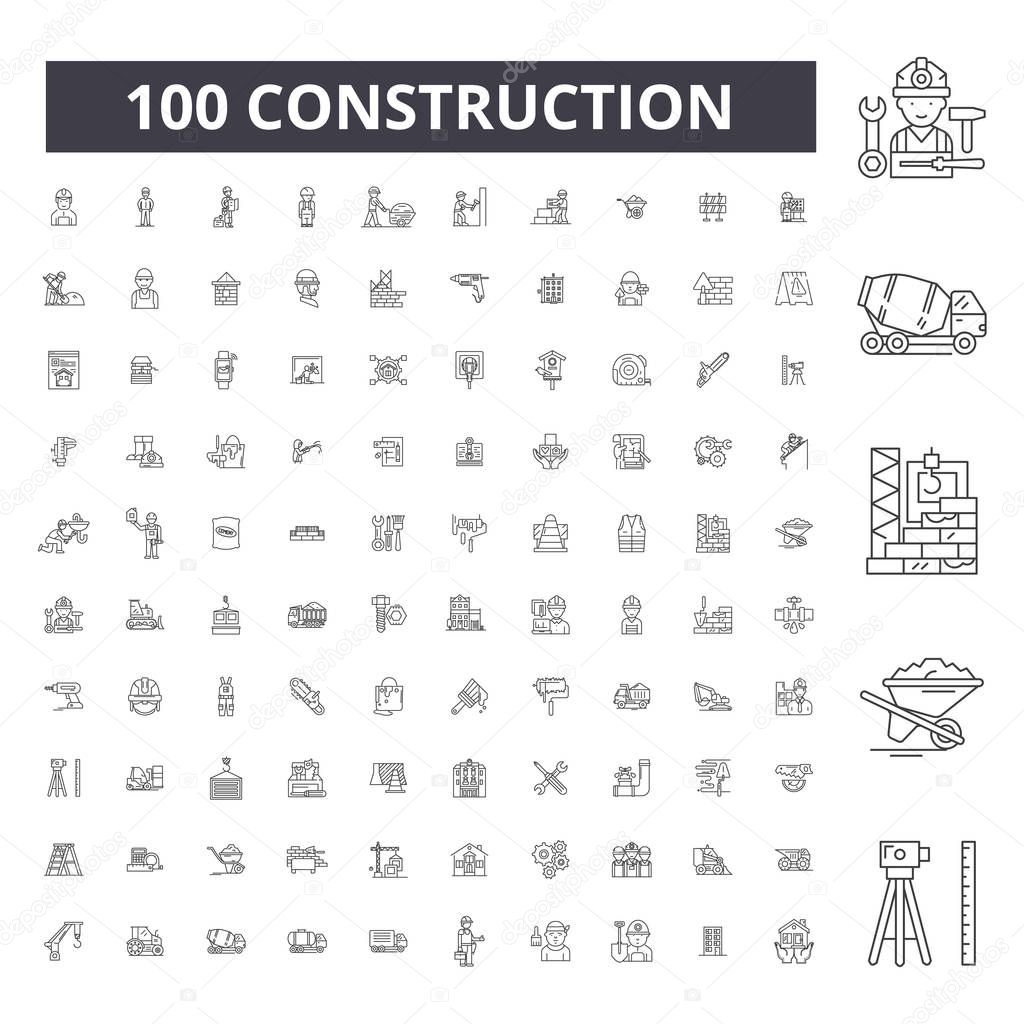 Construction editable line icons, 100 vector set, collection. Construction black outline illustrations, signs, symbols