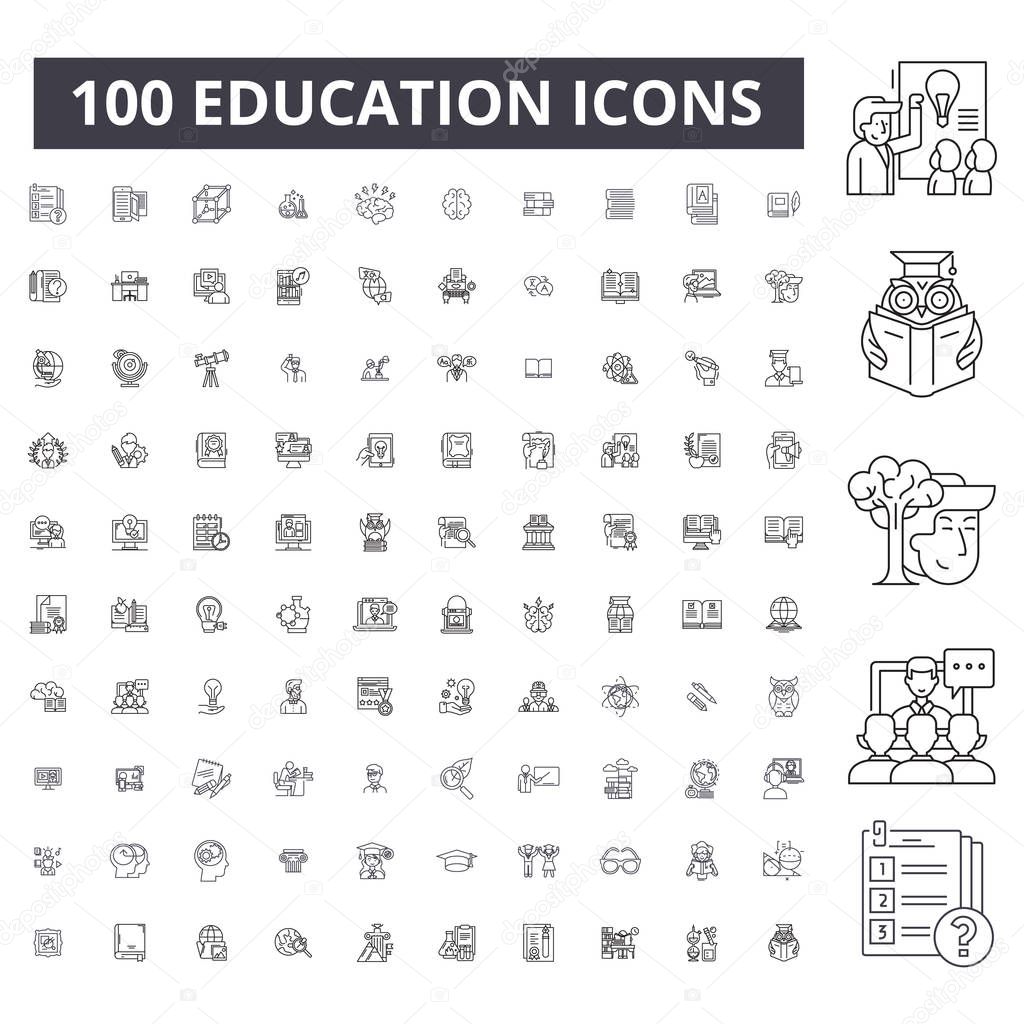 Education editable line icons, 100 vector set, collection. Education black outline illustrations, signs, symbols