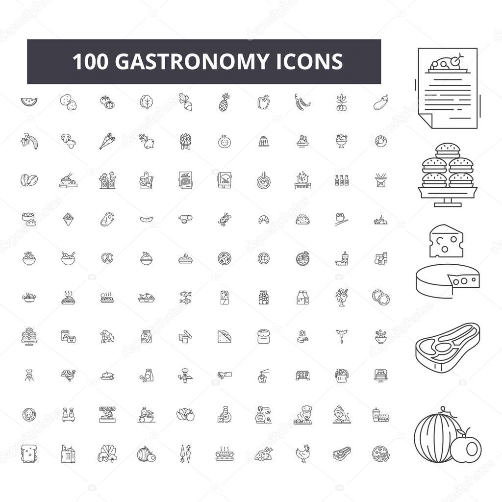 Gastronomy editable line icons, 100 vector set on white background. Gastronomy black outline illustrations, signs, symbols