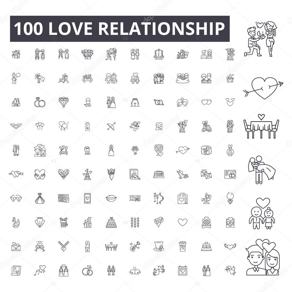 Love relationship editable line icons, 100 vector set, collection. Love relationship black outline illustrations, signs, symbols
