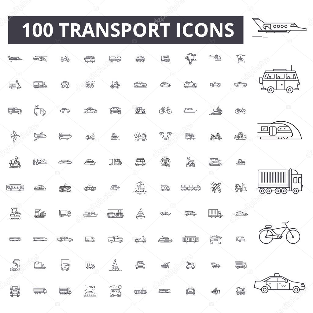 Transport editable line icons, 100 vector set, collection. Transport black outline illustrations, signs, symbols