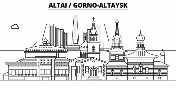 Rusya, altay, Gorno-Altaysk. Şehir manzarası: mimari, binalar, sokaklar, siluet, peyzaj, panorama, yerler. Düzenlenebilir vuruş. Düz çizgi vektör çizim tasarım. İzole simgeler — Stok Vektör