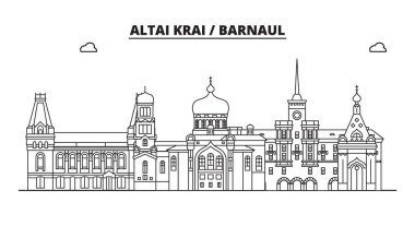 Rusya, Altay Kray, Barnaul. Şehir manzarası: mimari, binalar, sokaklar, siluet, peyzaj, panorama, yerler. Düzenlenebilir vuruş. Düz tasarım, çizgi vektör illüstrasyon kavramı. İzole simgeler