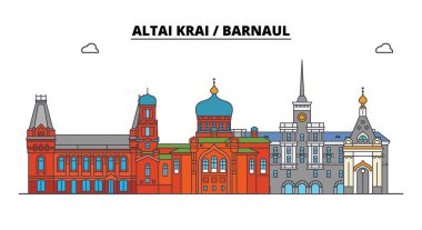 Rusya, Altay Kray, Barnaul. Şehir manzarası: mimari, binalar, caddeler, siluet, peyzaj, panorama. Düz çizgi, illüstrasyon vektör. Rusya, Altay Kray, Barnaul anahat tasarım.