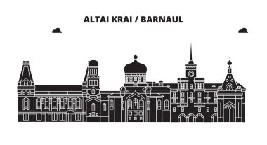 Rusya, Altay Kray, Barnaul. Şehir manzarası: mimari, binalar, caddeler, siluet, peyzaj, panorama. Düz çizgi, illüstrasyon vektör. Rusya, Altay Kray, Barnaul anahat tasarım.